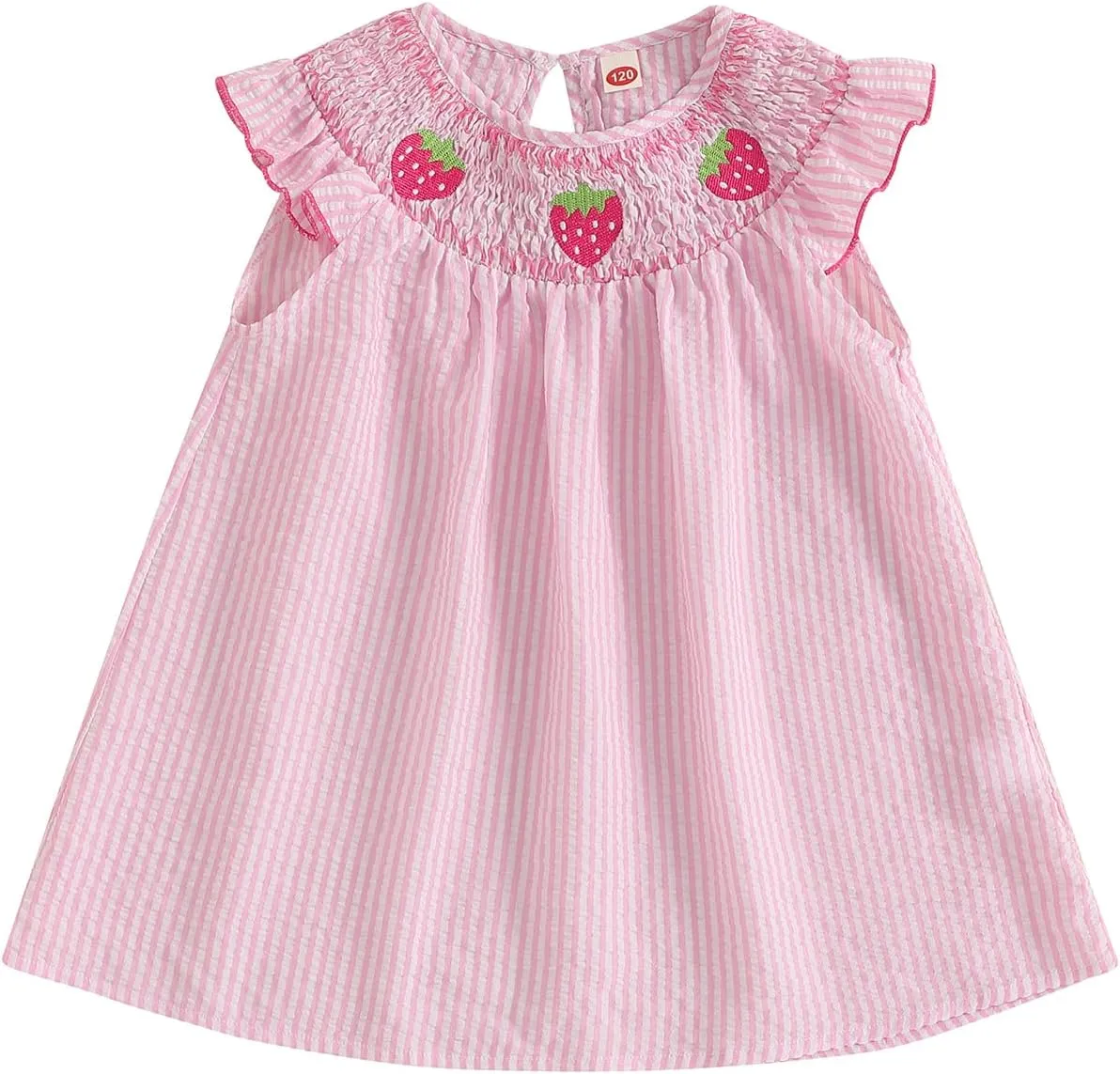 Toddler Girl Summer Dress Strawberry Embroidery Fly Sleeves Striped Smocked Dress Cute A-line Sundress
