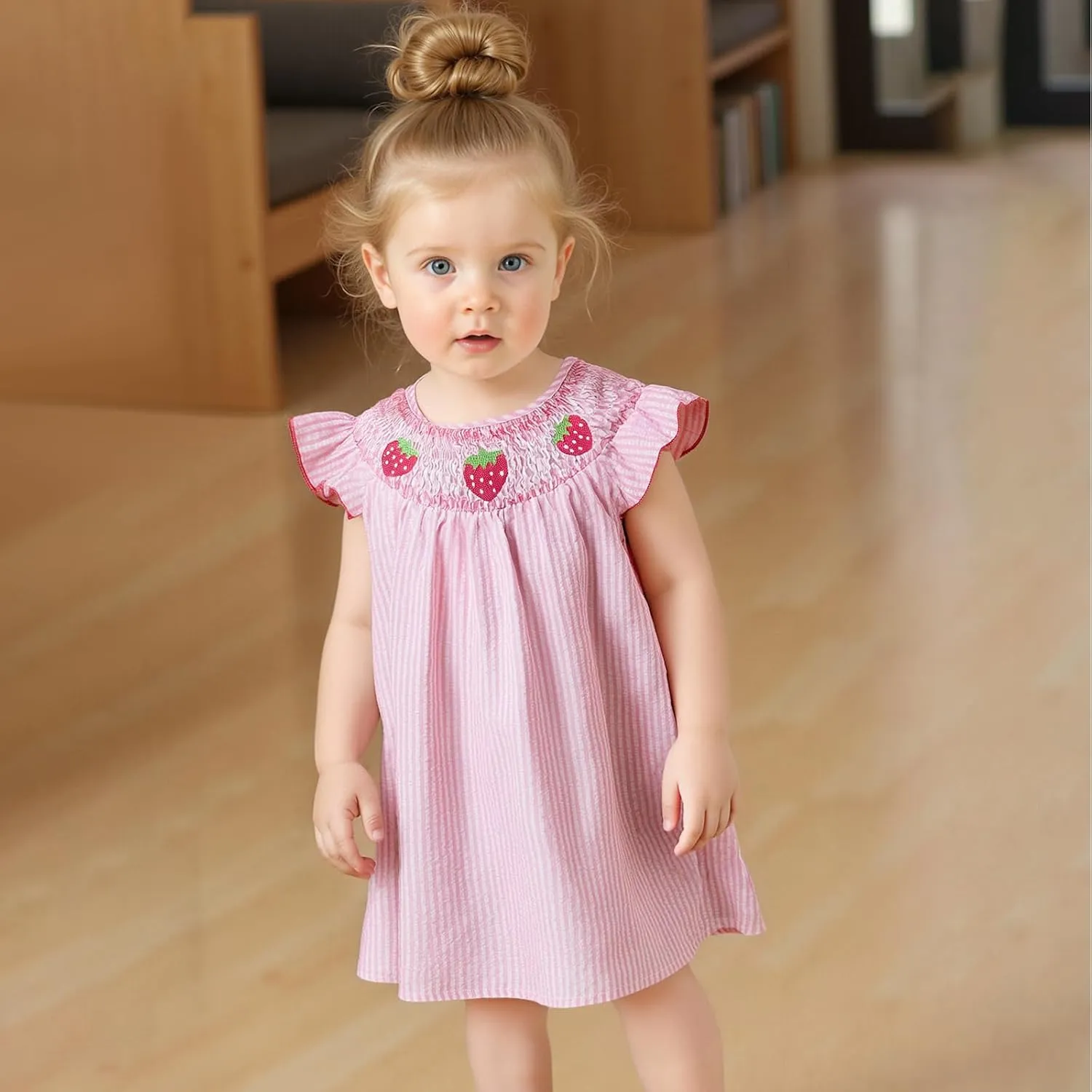 Toddler Girl Summer Dress Strawberry Embroidery Fly Sleeves Striped Smocked Dress Cute A-line Sundress