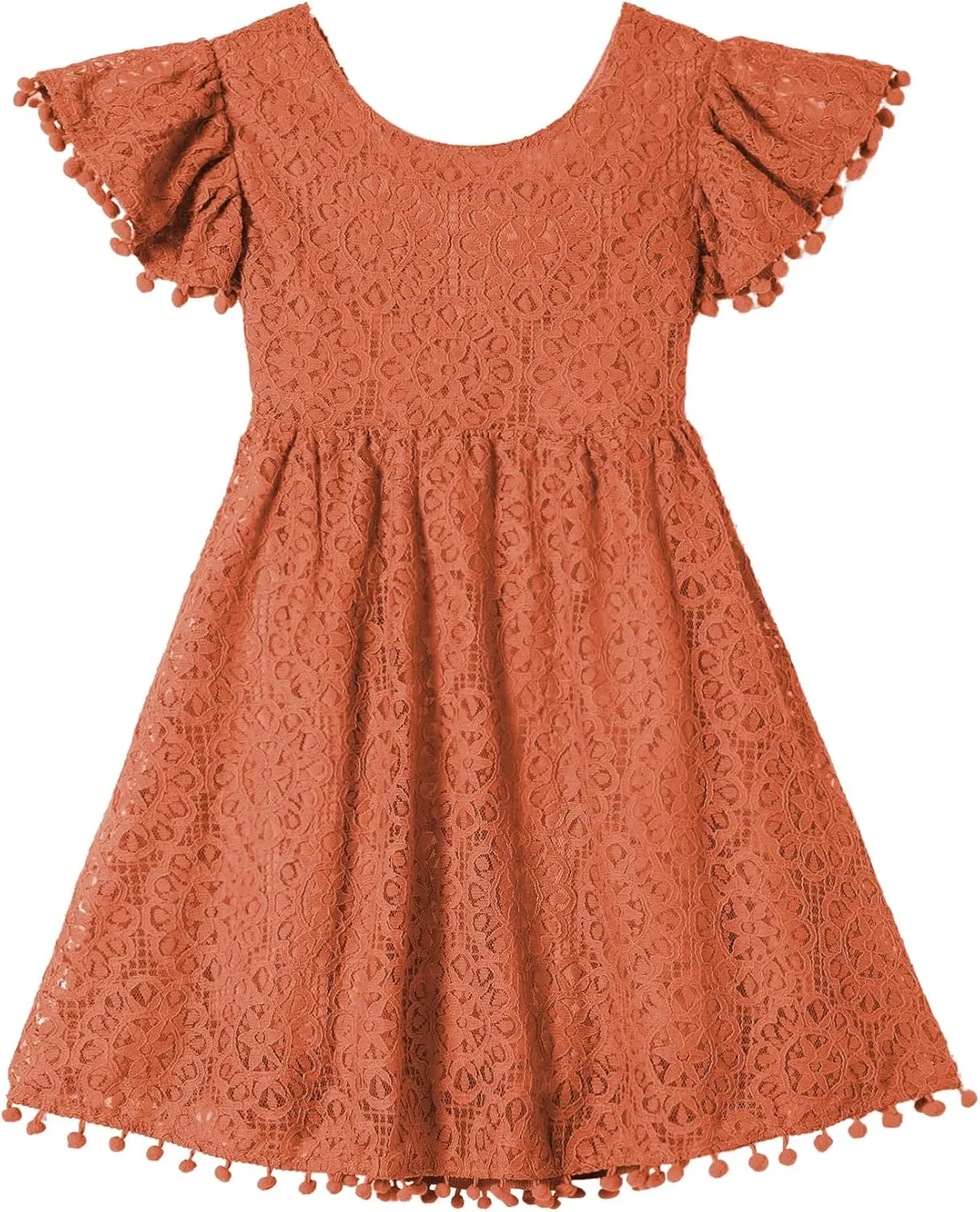 Toddler Girls Lace Dress Baby Kids Tie Back Bow Pom Pom Ruffle Sleeve Backless Party Princess Dresses