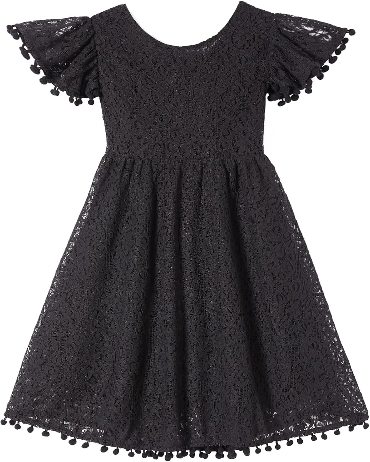 Toddler Girls Lace Dress Baby Kids Tie Back Bow Pom Pom Ruffle Sleeve Backless Party Princess Dresses