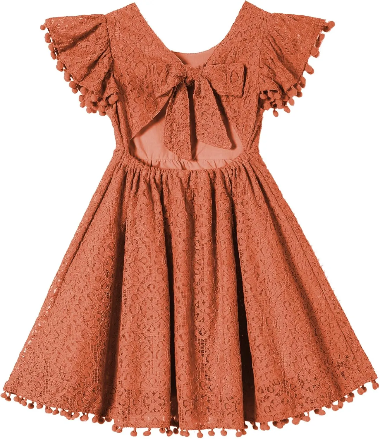 Toddler Girls Lace Dress Baby Kids Tie Back Bow Pom Pom Ruffle Sleeve Backless Party Princess Dresses