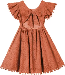 Toddler Girls Lace Dress Baby Kids Tie Back Bow Pom Pom Ruffle Sleeve Backless Party Princess Dresses