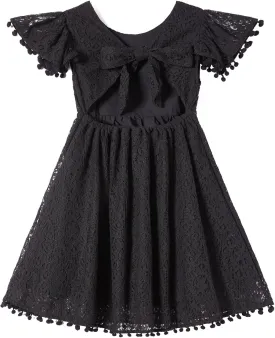 Toddler Girls Lace Dress Baby Kids Tie Back Bow Pom Pom Ruffle Sleeve Backless Party Princess Dresses