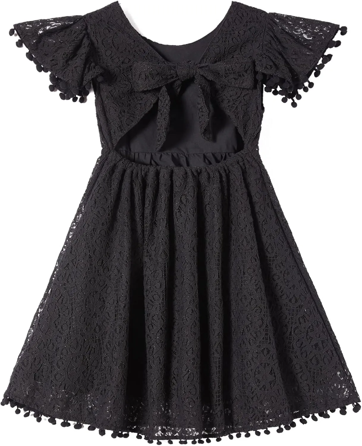 Toddler Girls Lace Dress Baby Kids Tie Back Bow Pom Pom Ruffle Sleeve Backless Party Princess Dresses