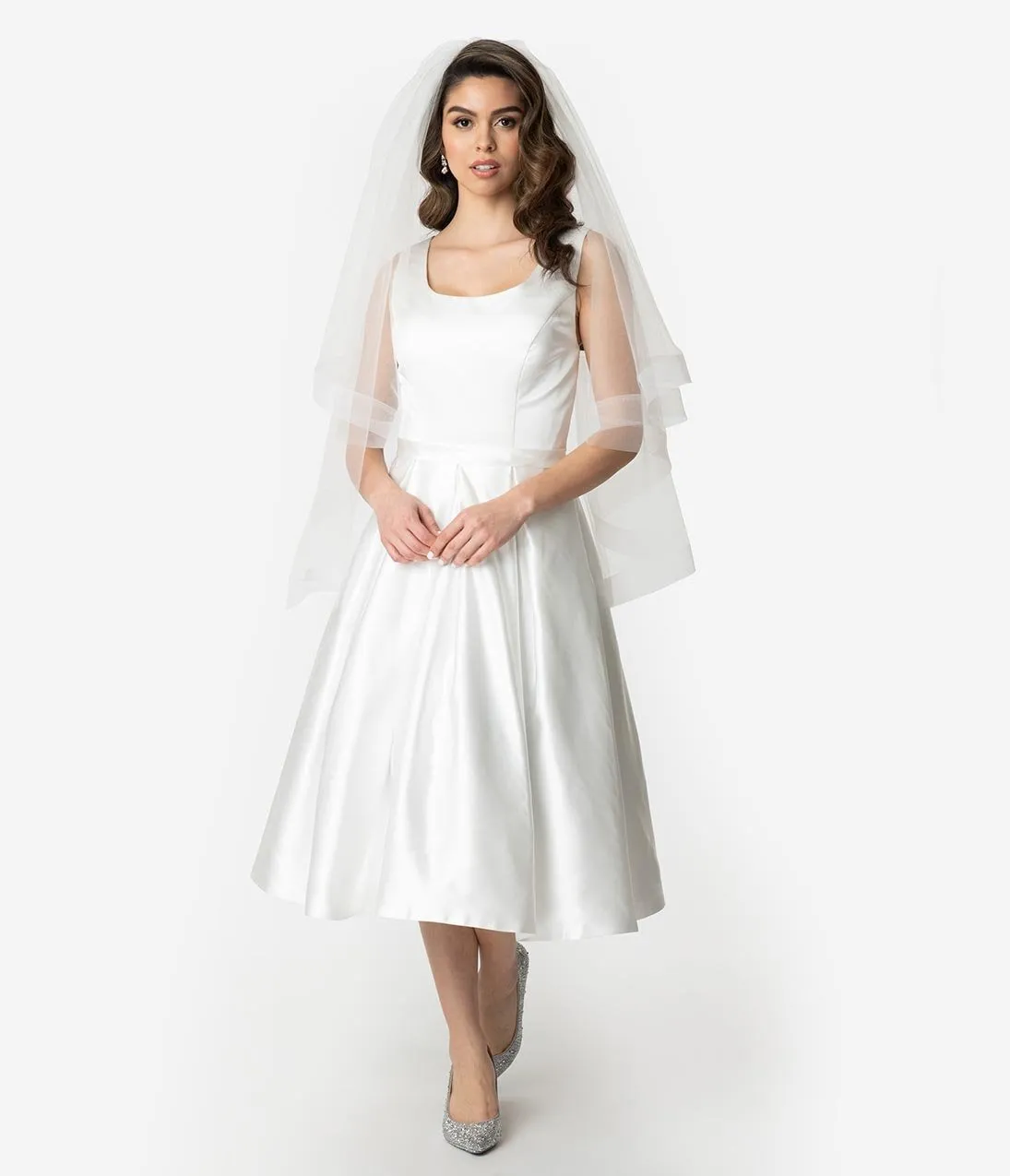 Unique Vintage 1950s Style Ivory Satin Sleeveless Maxime Wedding Dress