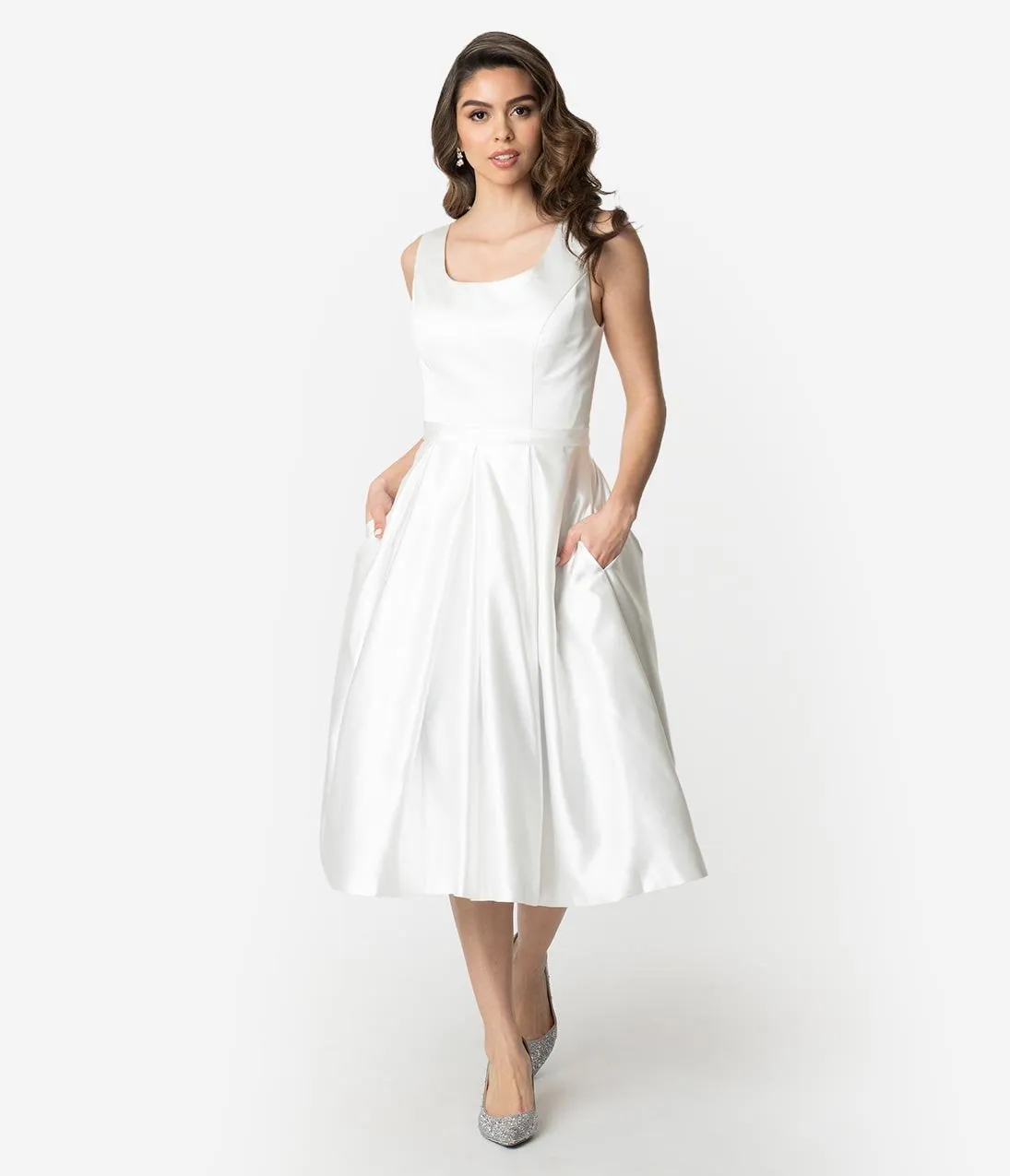 Unique Vintage 1950s Style Ivory Satin Sleeveless Maxime Wedding Dress