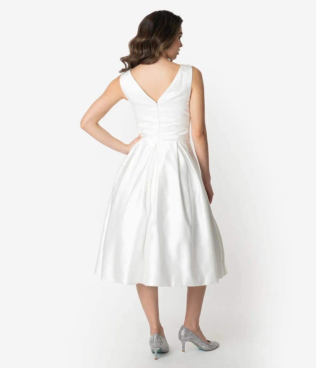 Unique Vintage 1950s Style Ivory Satin Sleeveless Maxime Wedding Dress