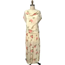 Vintage  Printed Silk Watercolor Smocked Waist  Tea Dress 1920s Rare Find  35-33-40
