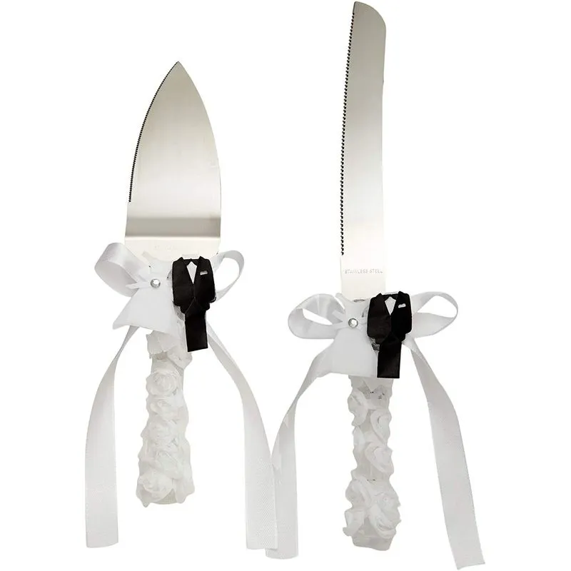 Wedding Supplies for Cake Cutting, Flutes, Server, Knife (White, 4 Pieces)