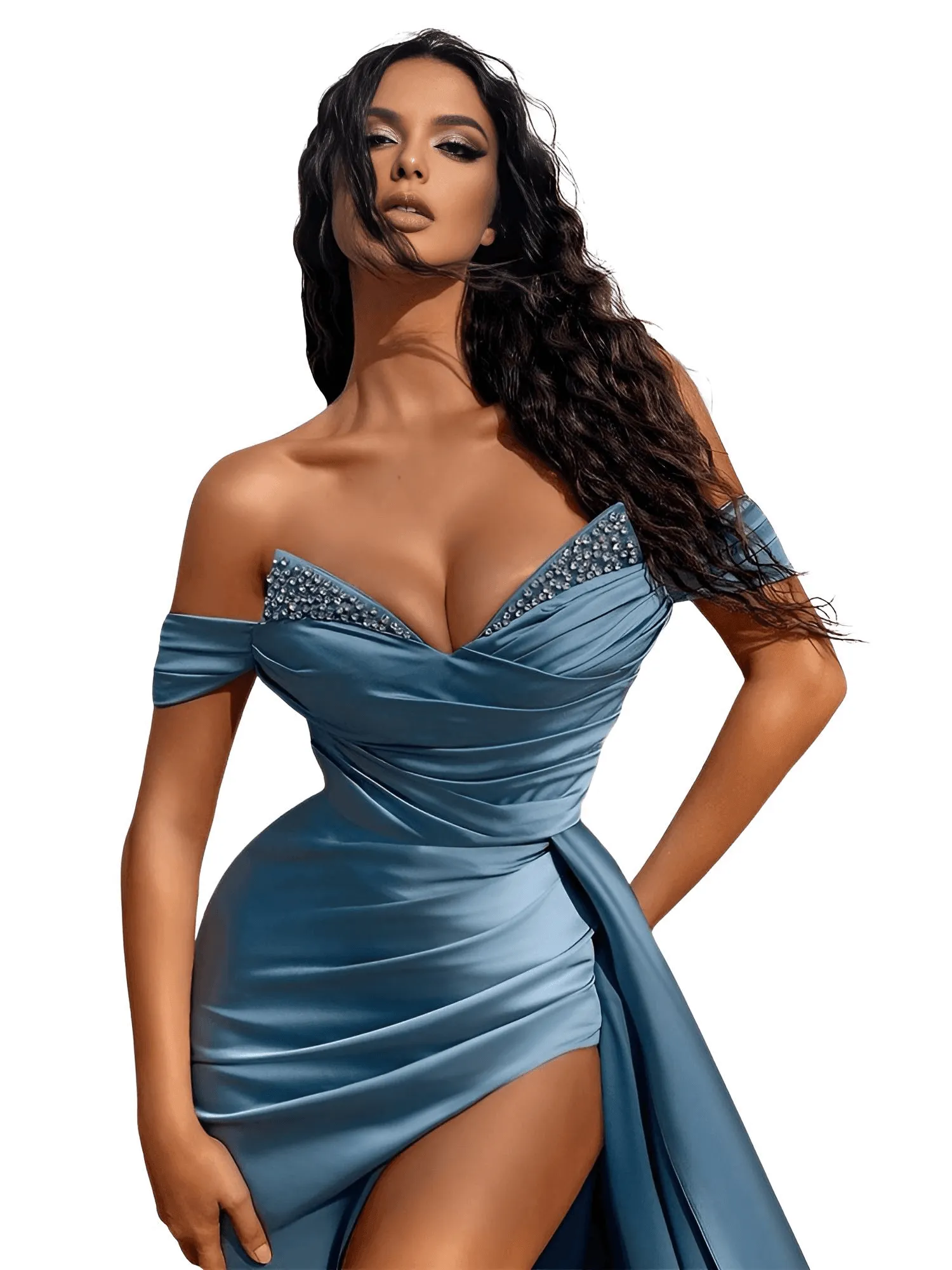 Women's Beaded Off Shoulder Satin Evening Dress