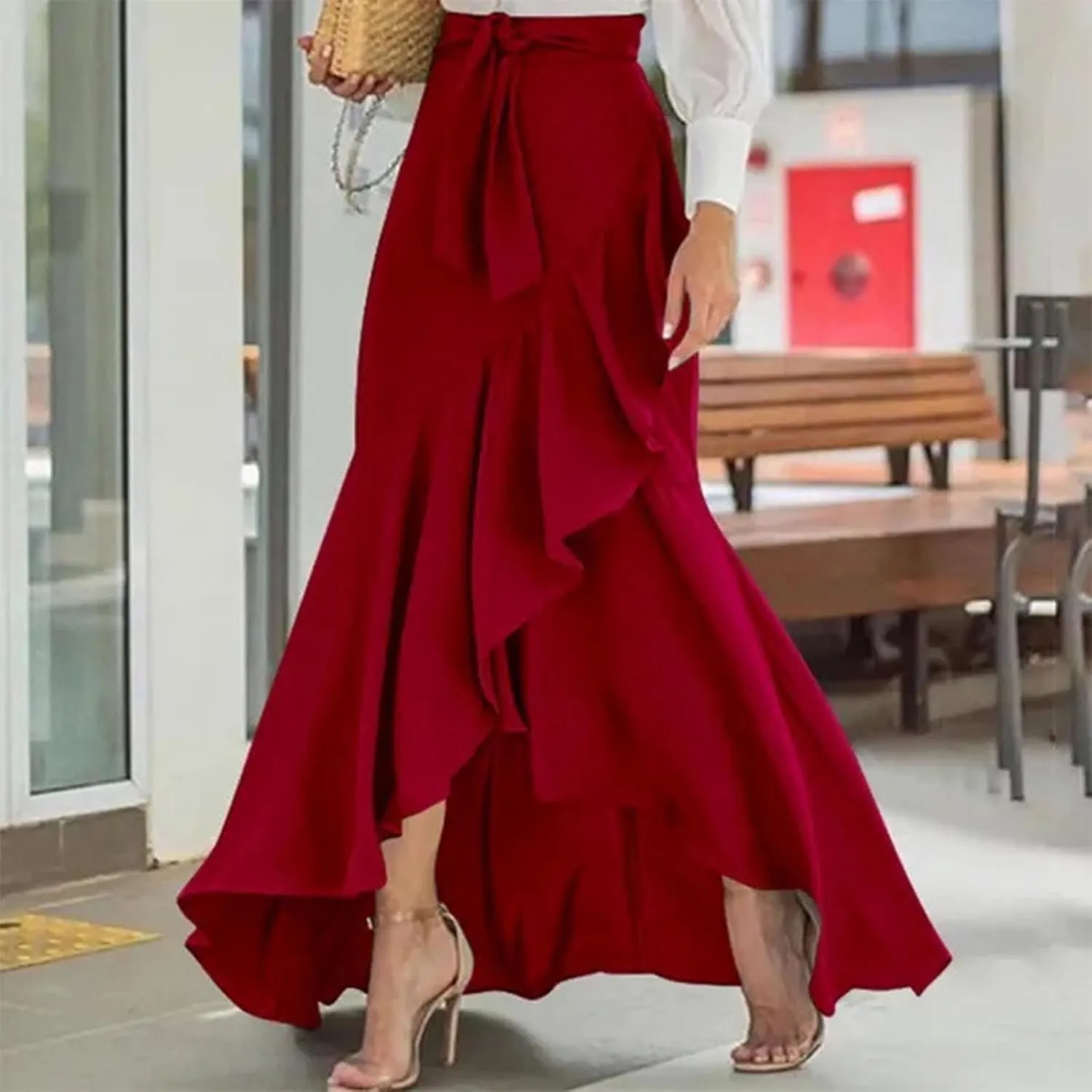 Womens Casual Mermaid Maxi Wrap Skirt A-Line Irregular Ruffle Hem Fishtail Long Skirts Elastic Tie Waist Work Clothes