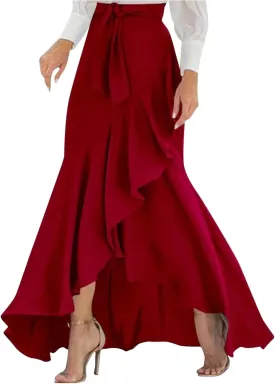 Womens Casual Mermaid Maxi Wrap Skirt A-Line Irregular Ruffle Hem Fishtail Long Skirts Elastic Tie Waist Work Clothes