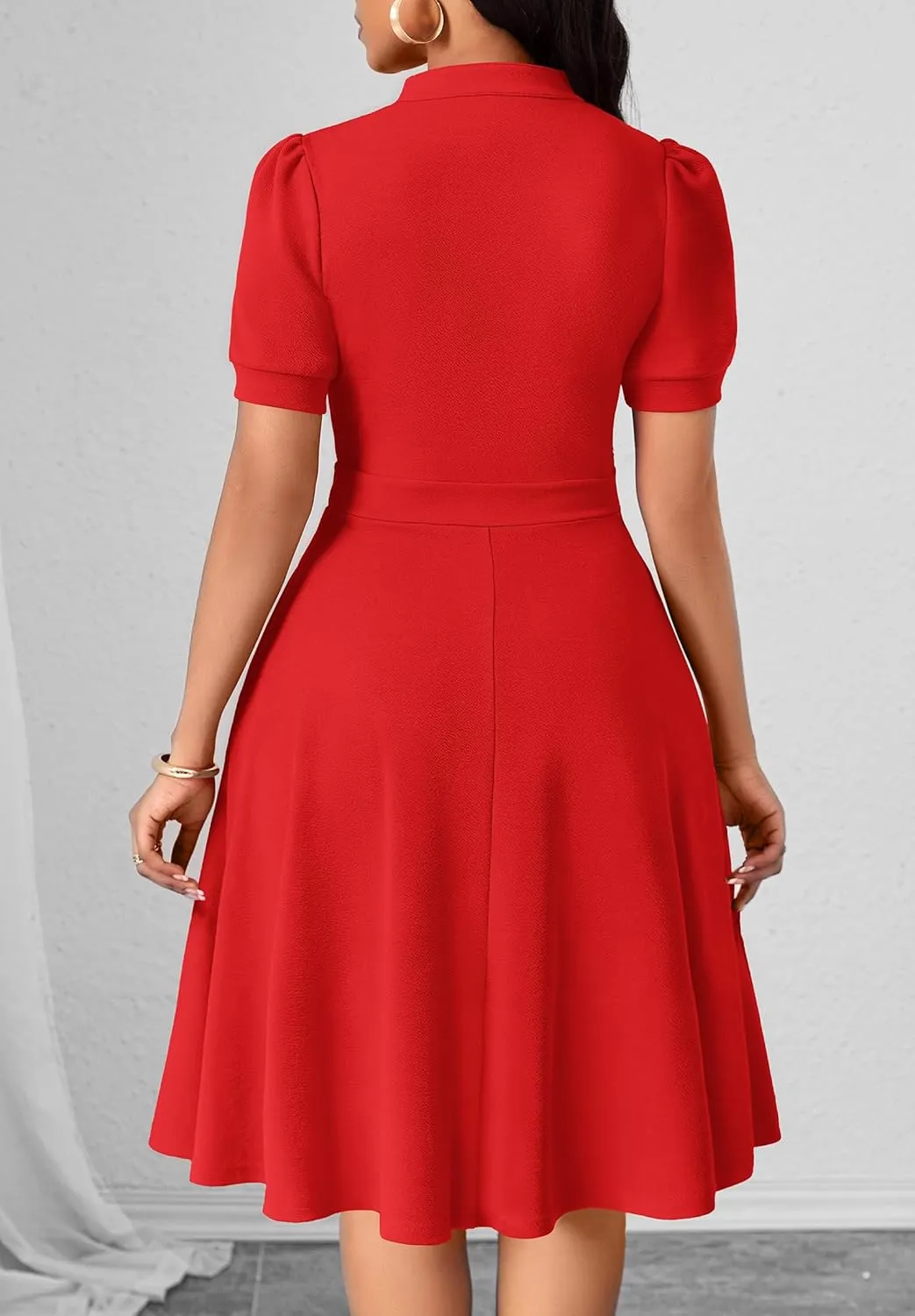 Womens Casual Summer Dresses Short Puff Sleeve V Neck A Line Wedding Guest Midi Dresses with Pockets