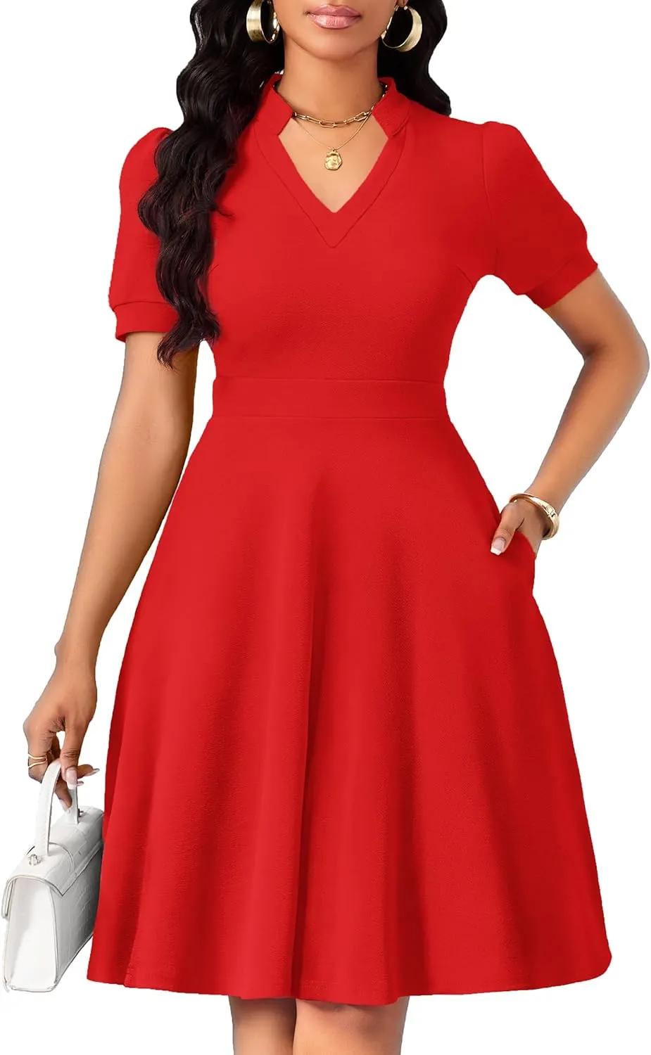 Womens Casual Summer Dresses Short Puff Sleeve V Neck A Line Wedding Guest Midi Dresses with Pockets