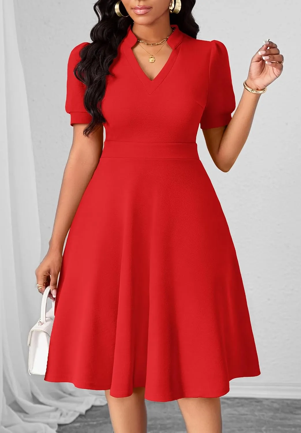 Womens Casual Summer Dresses Short Puff Sleeve V Neck A Line Wedding Guest Midi Dresses with Pockets