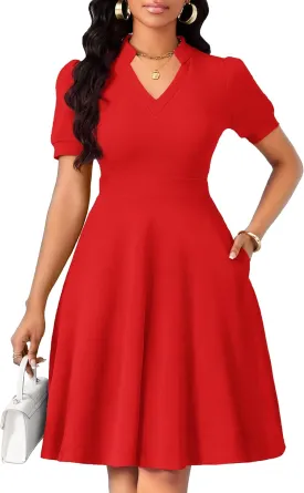 Womens Casual Summer Dresses Short Puff Sleeve V Neck A Line Wedding Guest Midi Dresses with Pockets