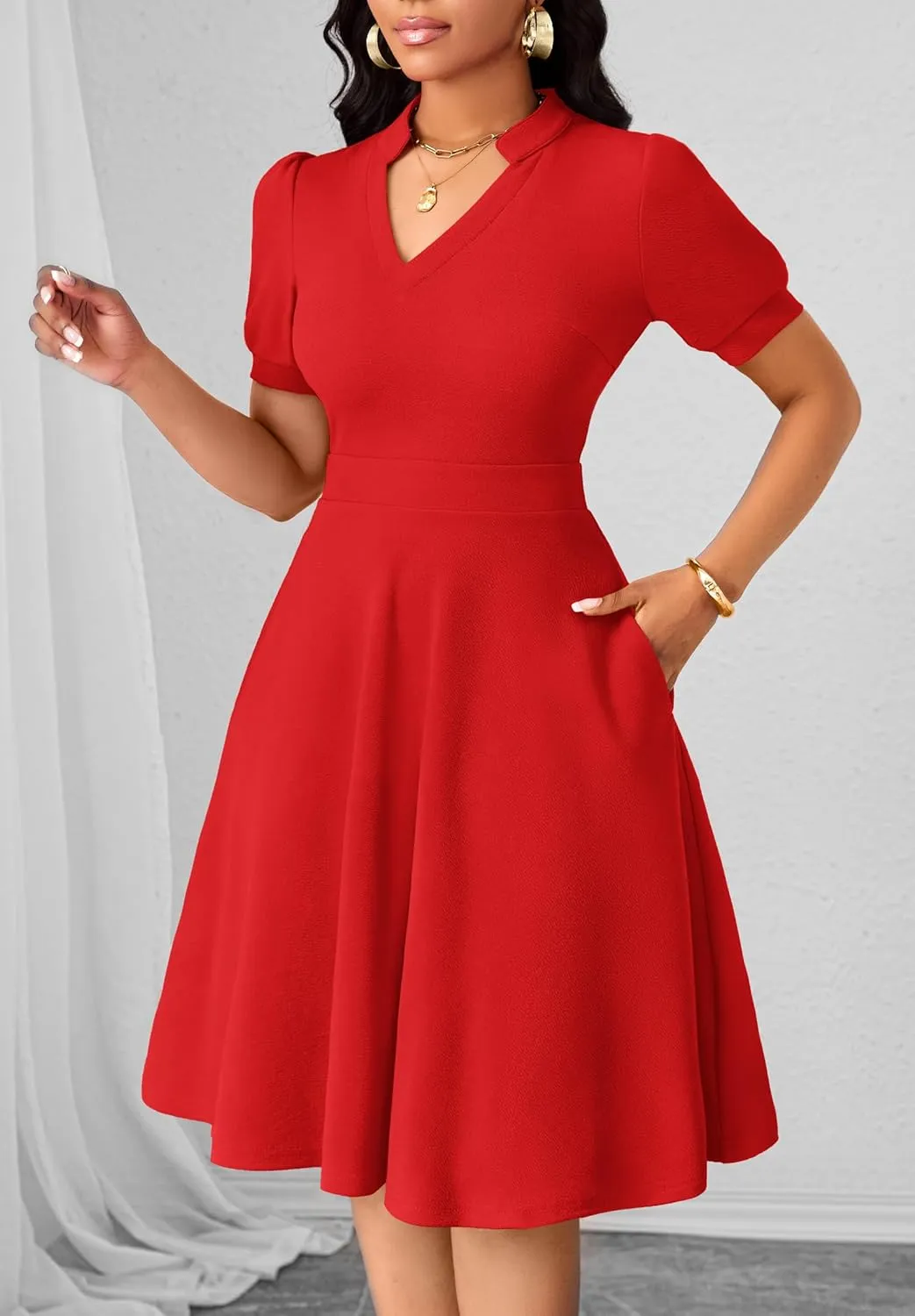 Womens Casual Summer Dresses Short Puff Sleeve V Neck A Line Wedding Guest Midi Dresses with Pockets