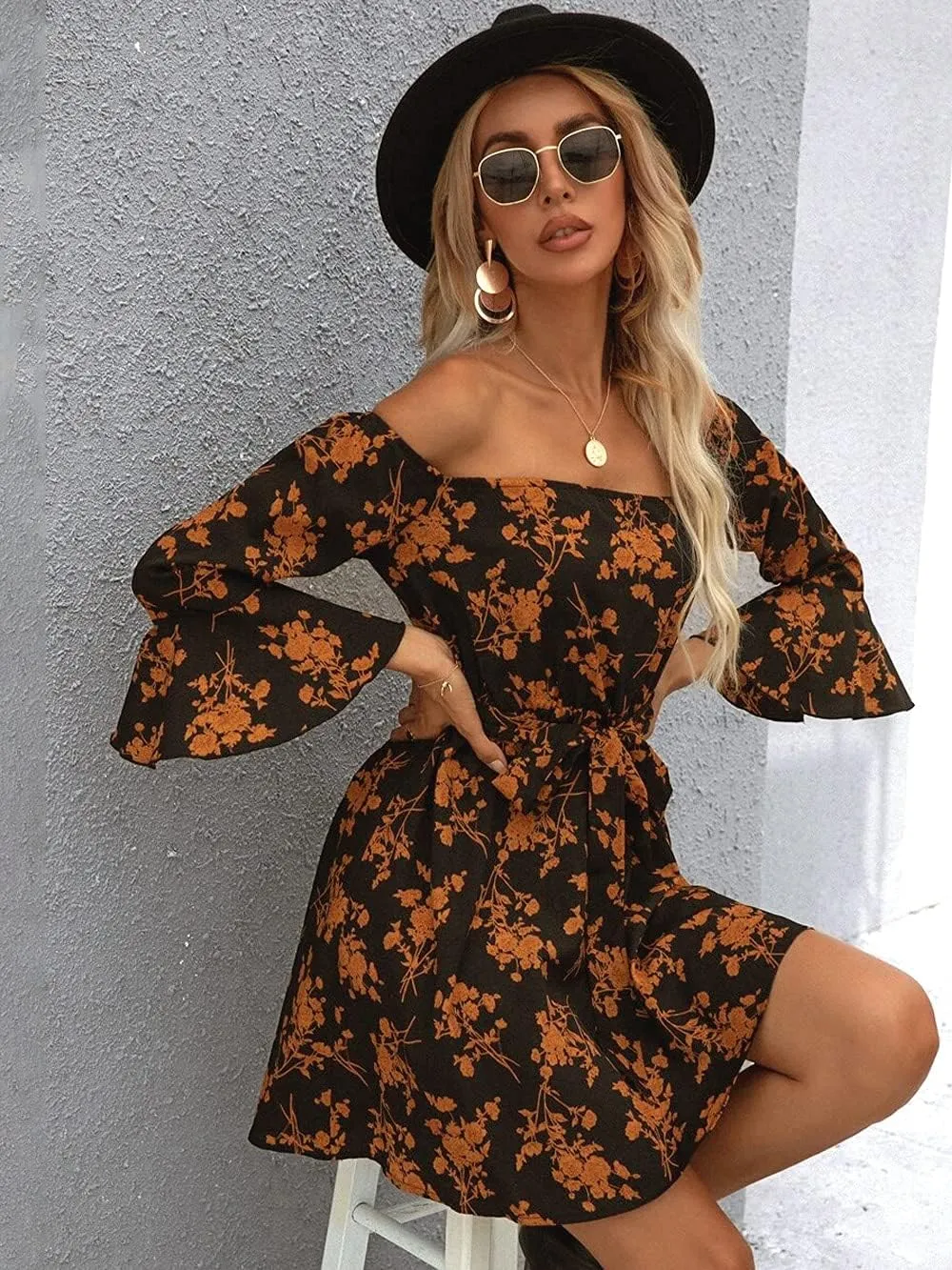 Womens Off Shoulder Ruffle Floral Summer Wedding Guest Dresses A Line Shift Short Skater Dress with Belt