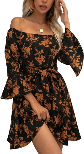 Womens Off Shoulder Ruffle Floral Summer Wedding Guest Dresses A Line Shift Short Skater Dress with Belt
