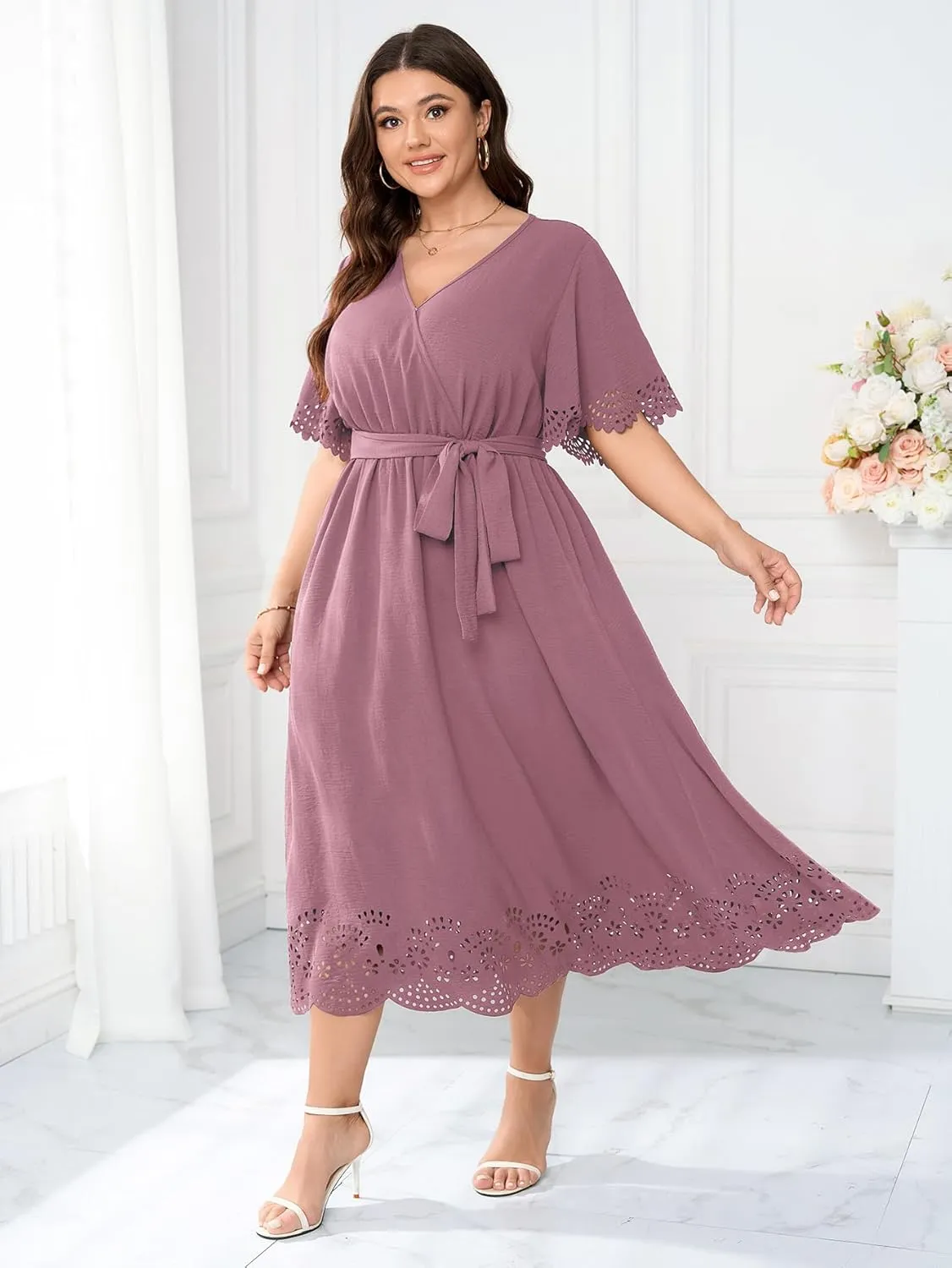 Womens Plus Size Wedding Guest Cocktail Dress Wrap V Neck A-Line Swing Maxi Dresses with Belt