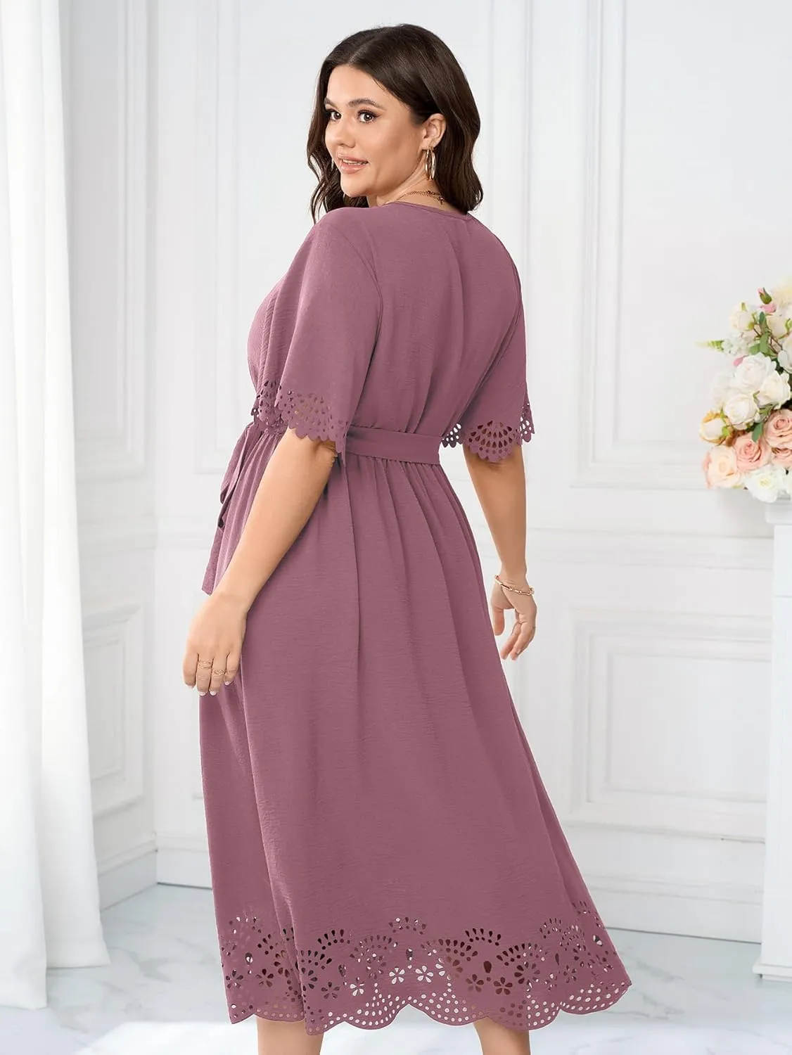 Womens Plus Size Wedding Guest Cocktail Dress Wrap V Neck A-Line Swing Maxi Dresses with Belt