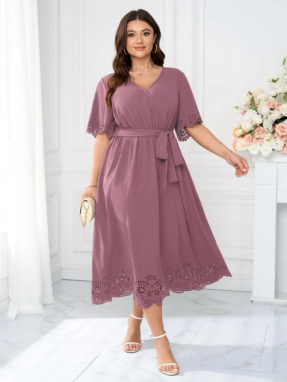 Womens Plus Size Wedding Guest Cocktail Dress Wrap V Neck A-Line Swing Maxi Dresses with Belt
