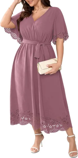 Womens Plus Size Wedding Guest Cocktail Dress Wrap V Neck A-Line Swing Maxi Dresses with Belt