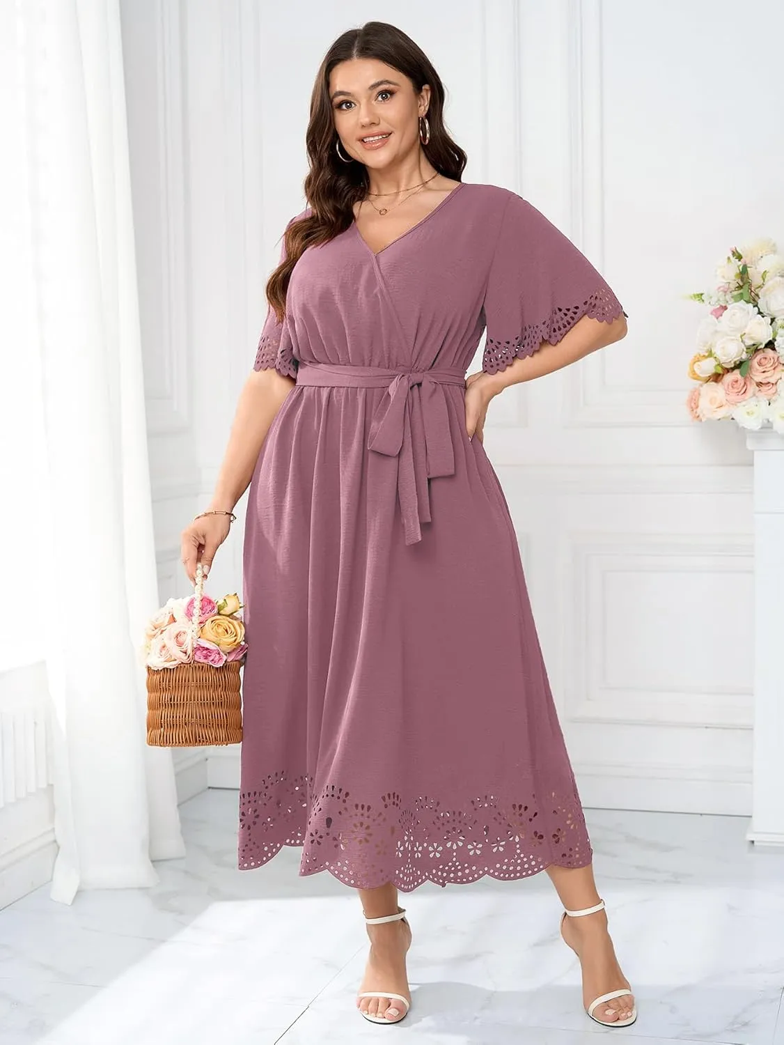 Womens Plus Size Wedding Guest Cocktail Dress Wrap V Neck A-Line Swing Maxi Dresses with Belt