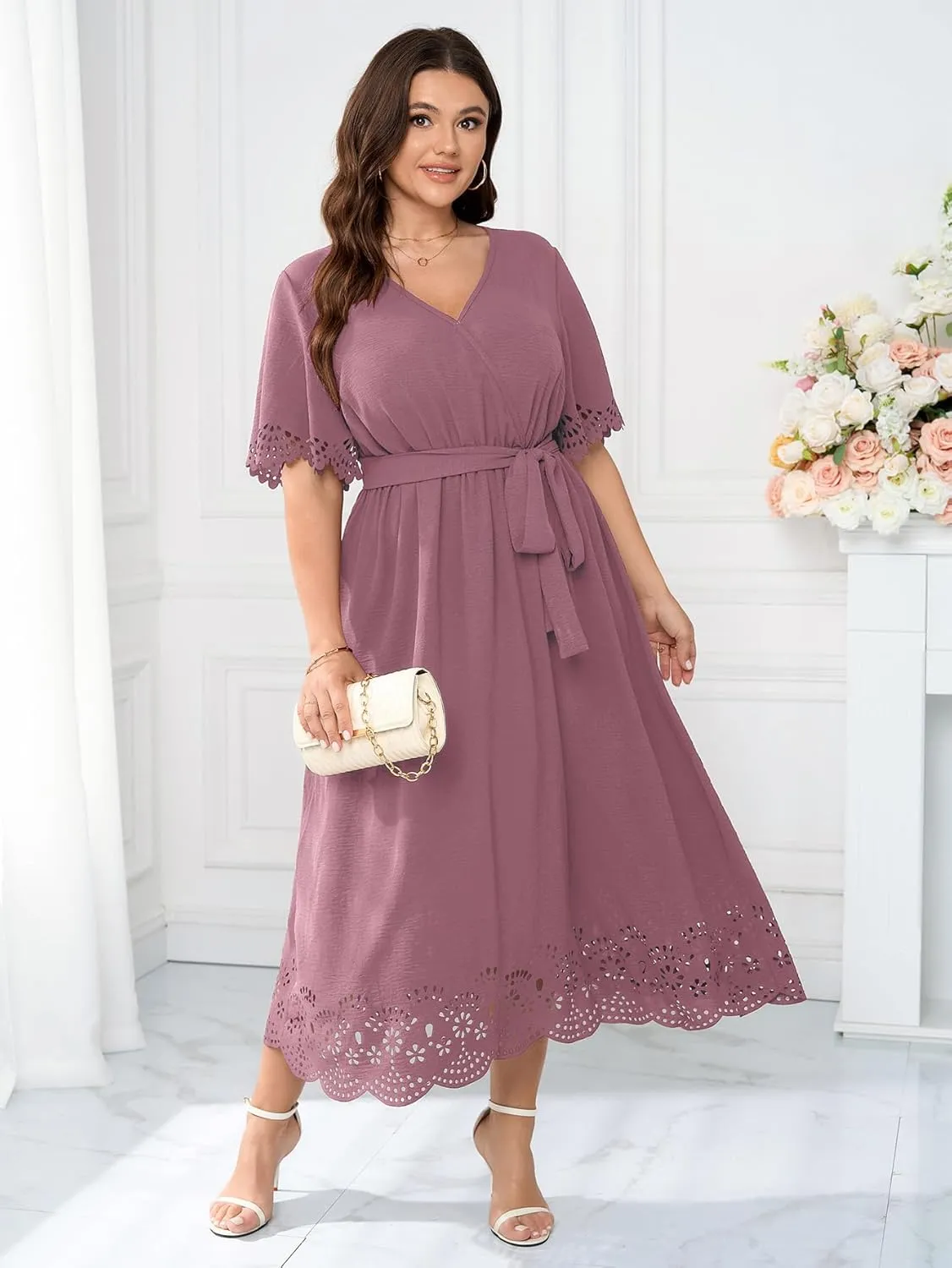 Womens Plus Size Wedding Guest Cocktail Dress Wrap V Neck A-Line Swing Maxi Dresses with Belt