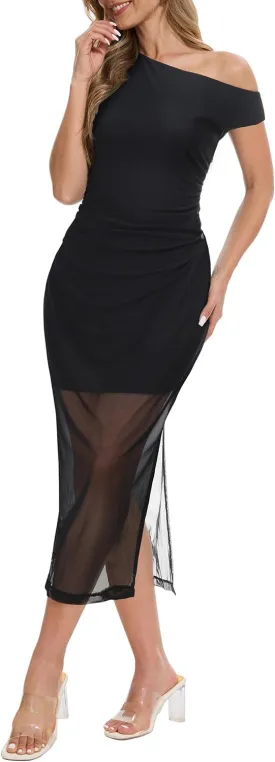Women's Summer One Off Shoulder Long Midi Dresses Wedding Guest Floral Ruched Mesh Dress Cocktail Party 2025