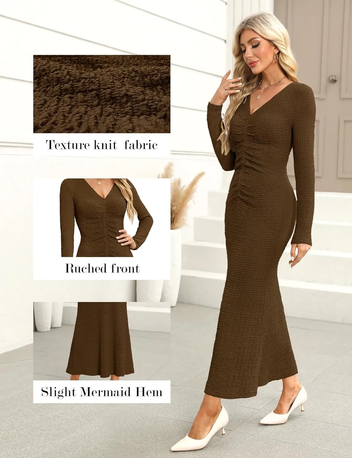 Zattcas Womens 2025 Fall Winter Bodycon Maxi Dress Casual Long Sleeve Ruched V Neck Texture Knit A-Line Long Dresses
