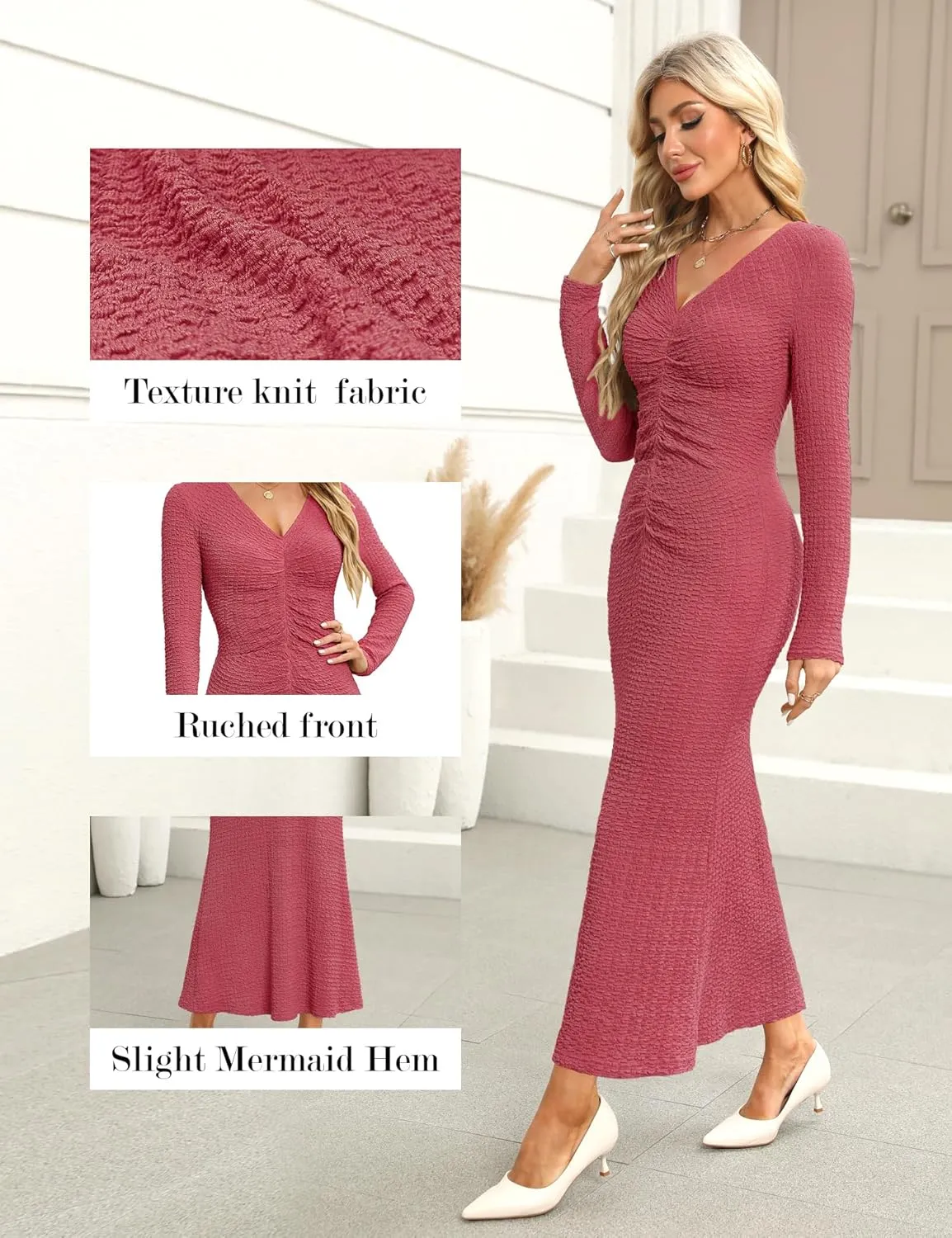 Zattcas Womens 2025 Fall Winter Bodycon Maxi Dress Casual Long Sleeve Ruched V Neck Texture Knit A-Line Long Dresses