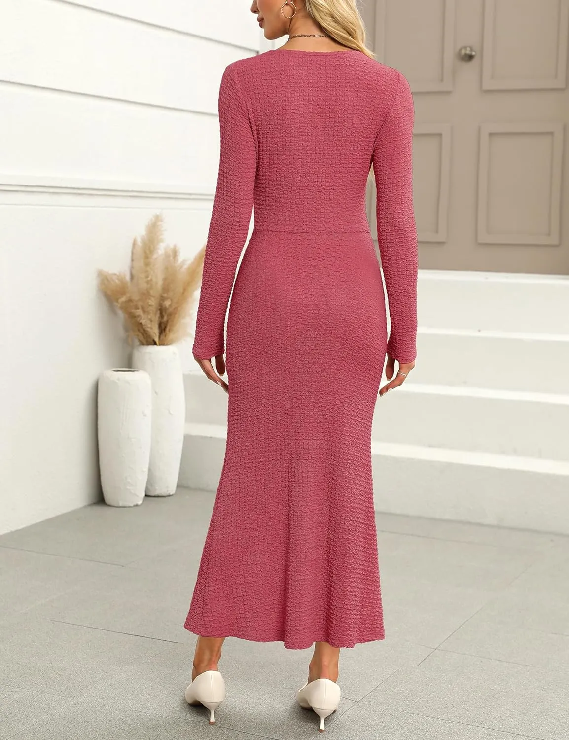 Zattcas Womens 2025 Fall Winter Bodycon Maxi Dress Casual Long Sleeve Ruched V Neck Texture Knit A-Line Long Dresses