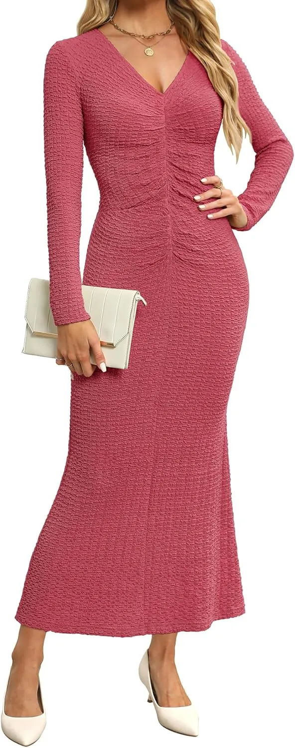 Zattcas Womens 2025 Fall Winter Bodycon Maxi Dress Casual Long Sleeve Ruched V Neck Texture Knit A-Line Long Dresses