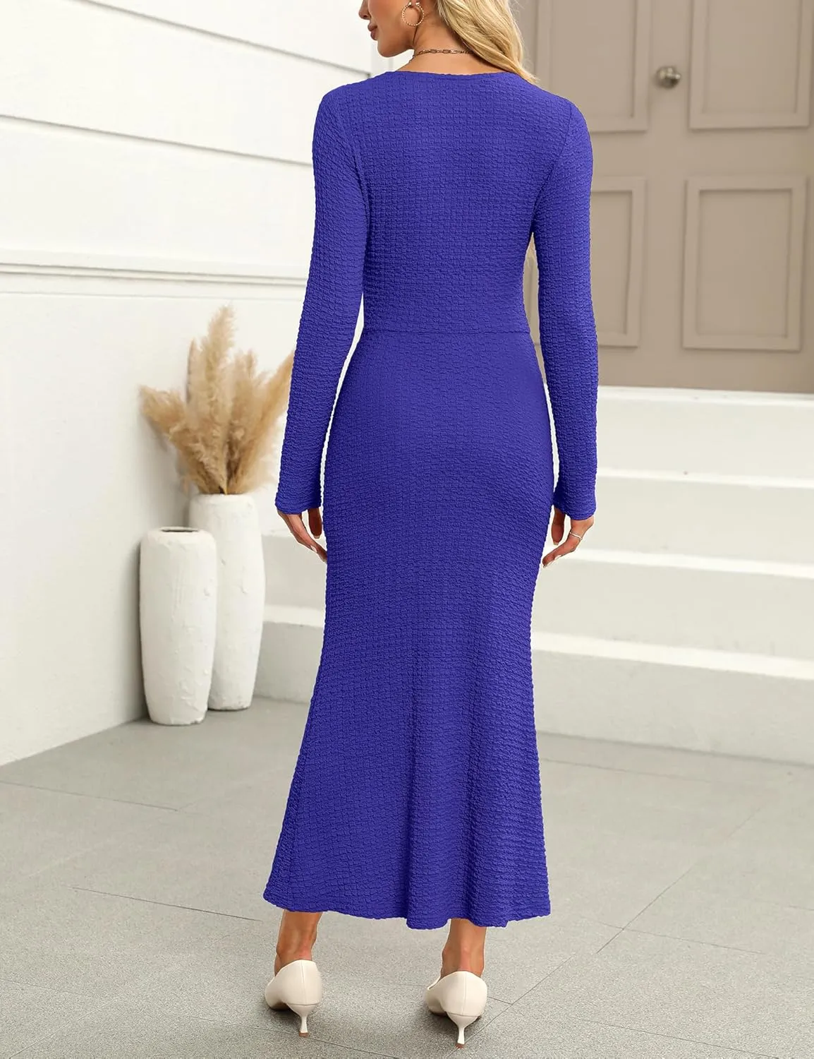 Zattcas Womens 2025 Fall Winter Bodycon Maxi Dress Casual Long Sleeve Ruched V Neck Texture Knit A-Line Long Dresses