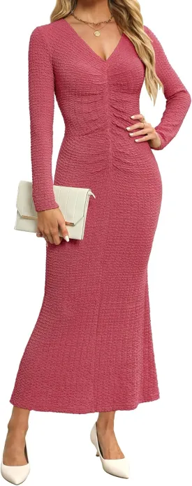 Zattcas Womens 2025 Fall Winter Bodycon Maxi Dress Casual Long Sleeve Ruched V Neck Texture Knit A-Line Long Dresses
