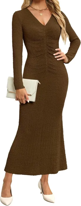 Zattcas Womens 2025 Fall Winter Bodycon Maxi Dress Casual Long Sleeve Ruched V Neck Texture Knit A-Line Long Dresses