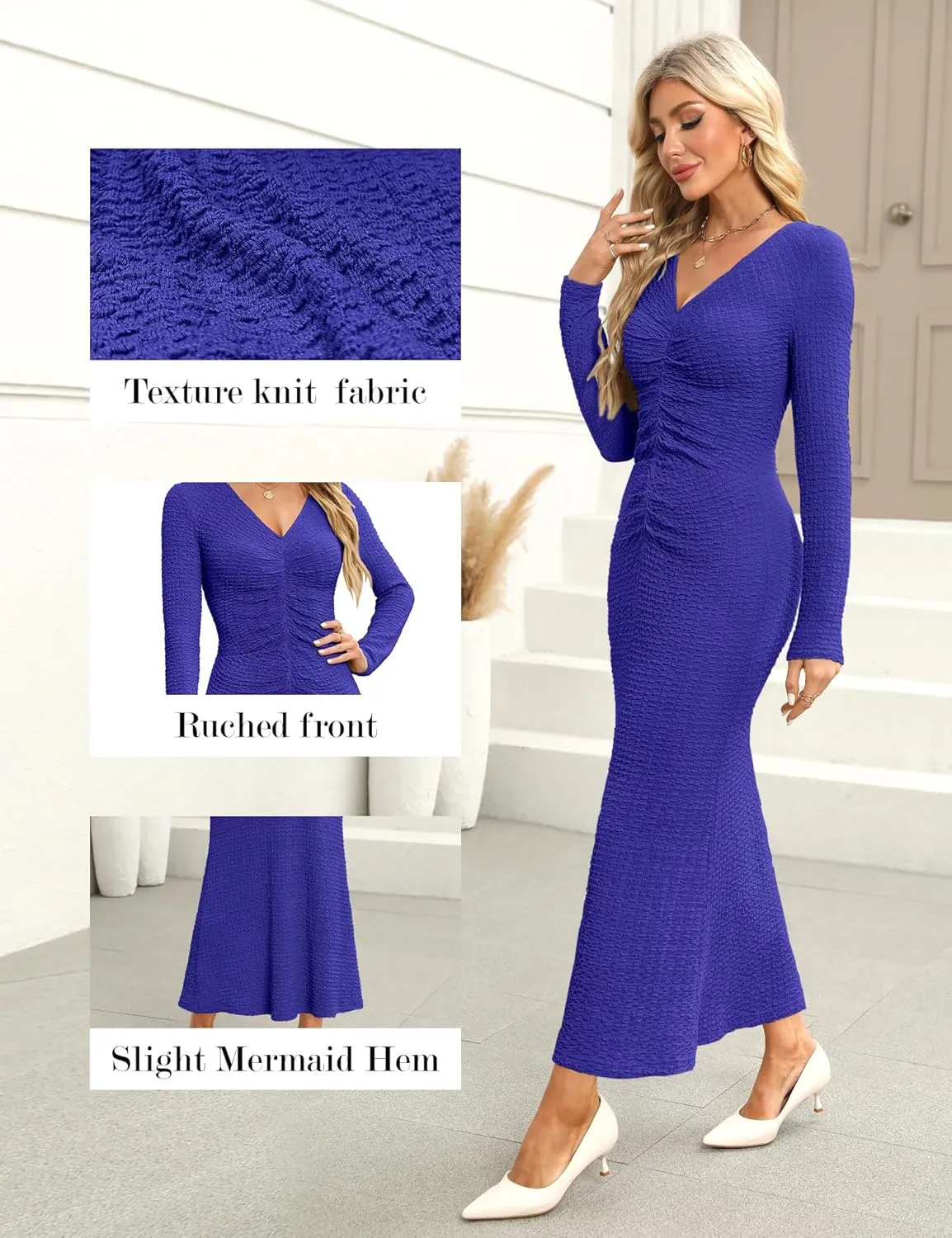 Zattcas Womens 2025 Fall Winter Bodycon Maxi Dress Casual Long Sleeve Ruched V Neck Texture Knit A-Line Long Dresses