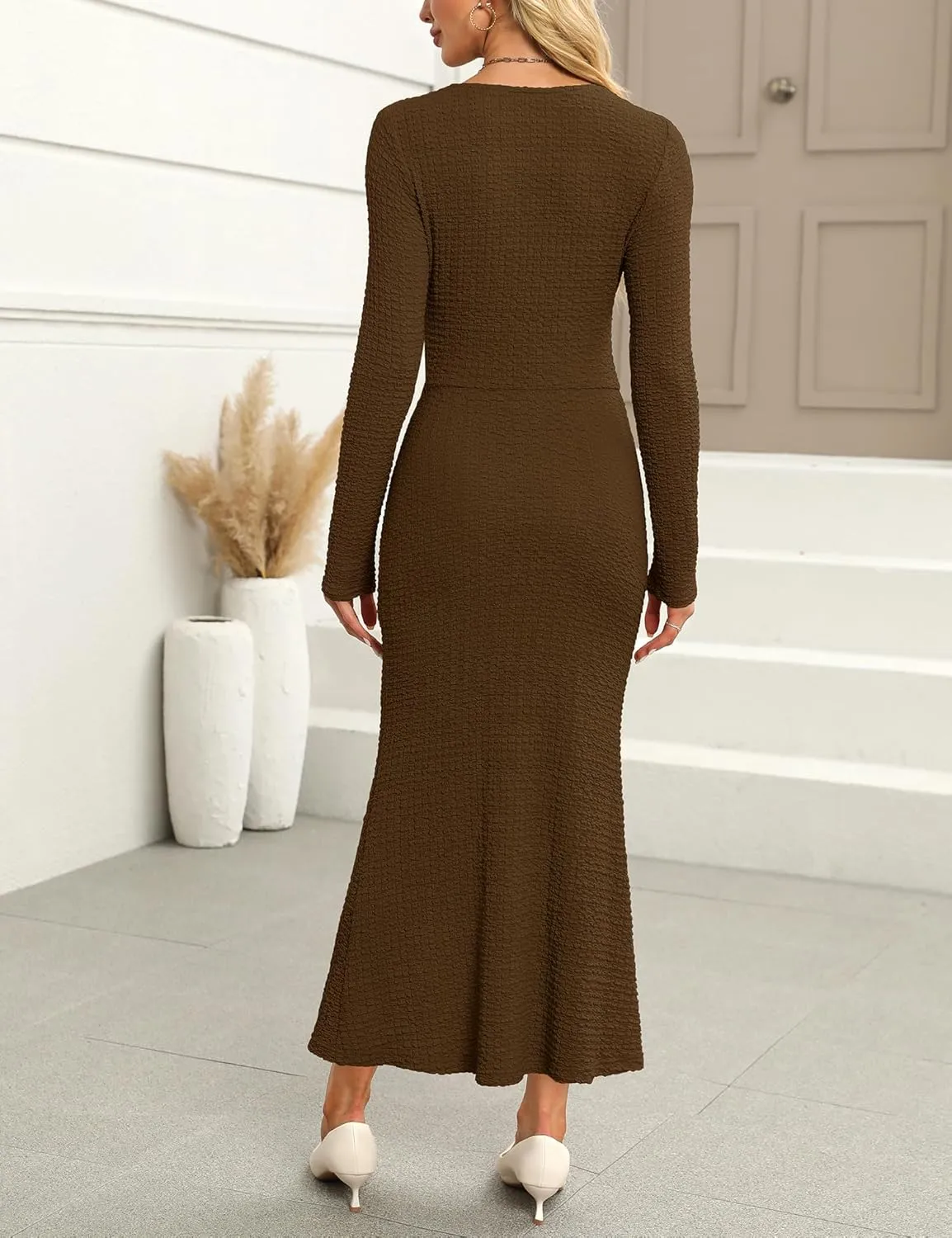 Zattcas Womens 2025 Fall Winter Bodycon Maxi Dress Casual Long Sleeve Ruched V Neck Texture Knit A-Line Long Dresses