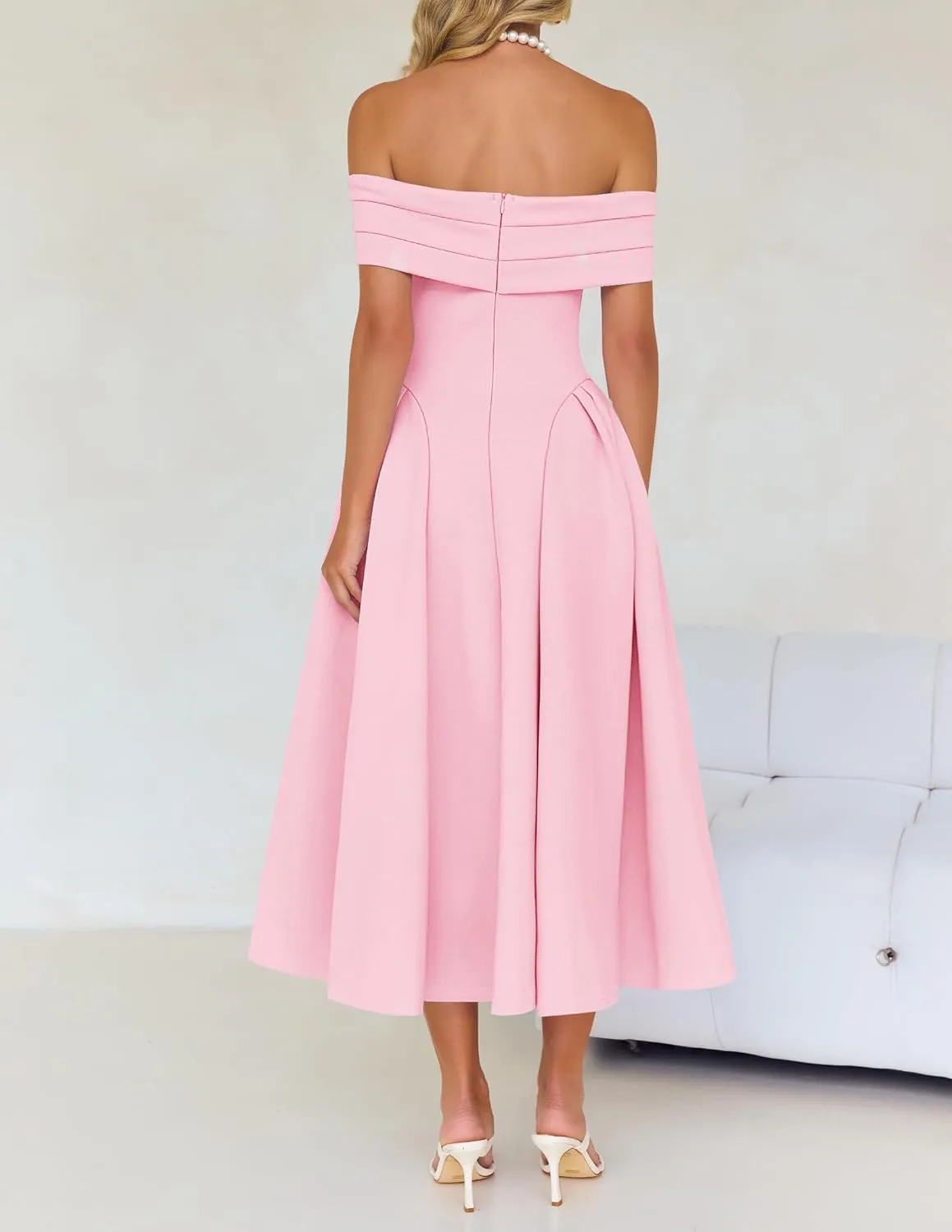 ZESICA Cocktail Dresses for Women's Elegant Off Shoulder Short Sleeve Swing A Line Wedding Evening Party Midi Dress