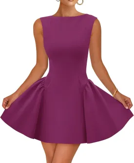 ZESICA Women's 2025 Summer Sleeveless Cocktail Mini Dress Boat Neck Backless Swing A Line Wedding Club Party Short Dresses