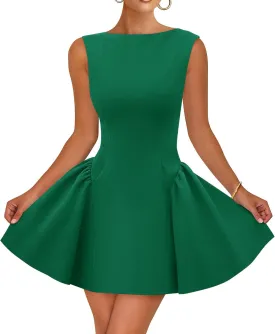 ZESICA Women's 2025 Summer Sleeveless Cocktail Mini Dress Boat Neck Backless Swing A Line Wedding Club Party Short Dresses
