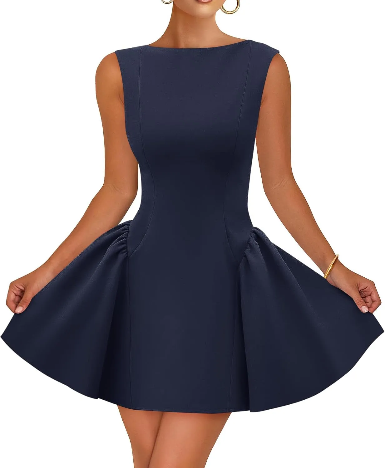 ZESICA Women's 2025 Summer Sleeveless Cocktail Mini Dress Boat Neck Backless Swing A Line Wedding Club Party Short Dresses