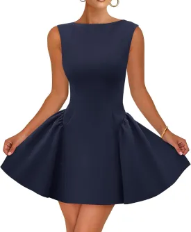 ZESICA Women's 2025 Summer Sleeveless Cocktail Mini Dress Boat Neck Backless Swing A Line Wedding Club Party Short Dresses
