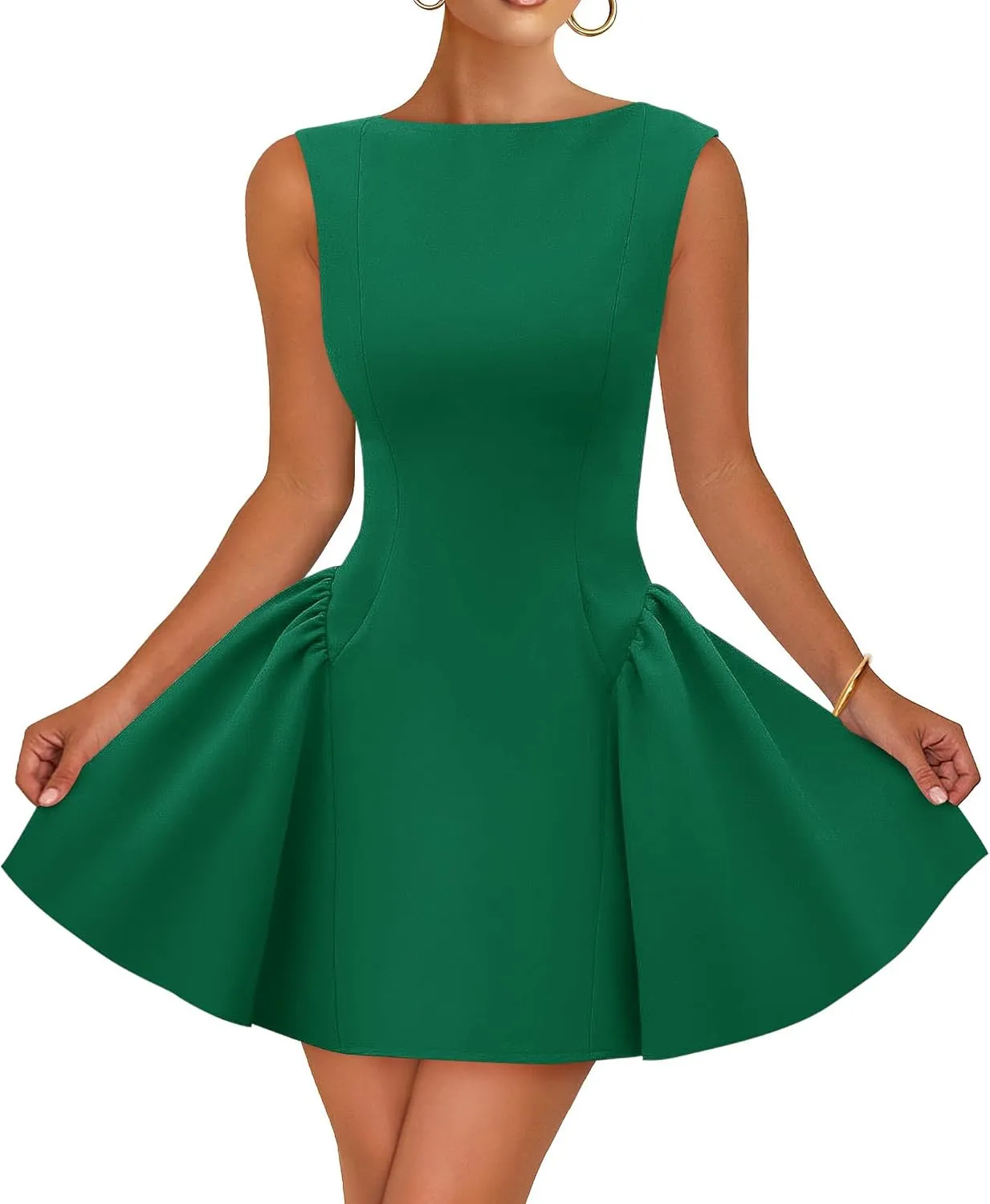 ZESICA Women's 2025 Summer Sleeveless Cocktail Mini Dress Boat Neck Backless Swing A Line Wedding Club Party Short Dresses