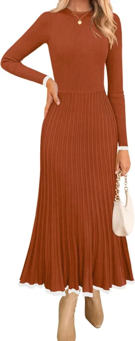 ZESICA Women's Long Sleeve Sweater Dress Fall Crewneck Ribbed Knit Pleated A-Line Maxi Wedding Guest Dresses
