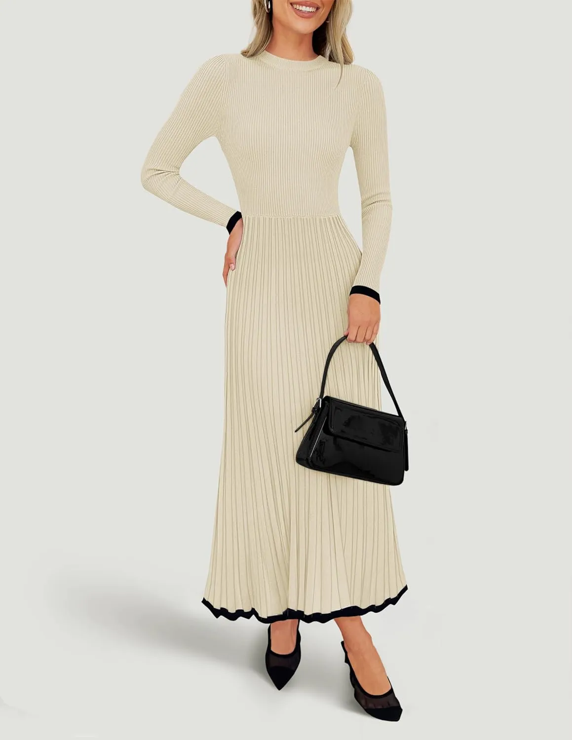 ZESICA Women's Long Sleeve Sweater Dress Fall Crewneck Ribbed Knit Pleated A-Line Maxi Wedding Guest Dresses