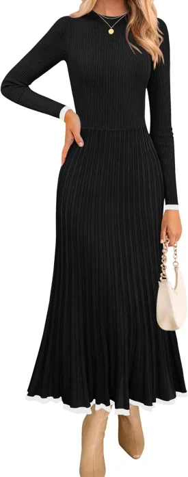 ZESICA Women's Long Sleeve Sweater Dress Fall Crewneck Ribbed Knit Pleated A-Line Maxi Wedding Guest Dresses