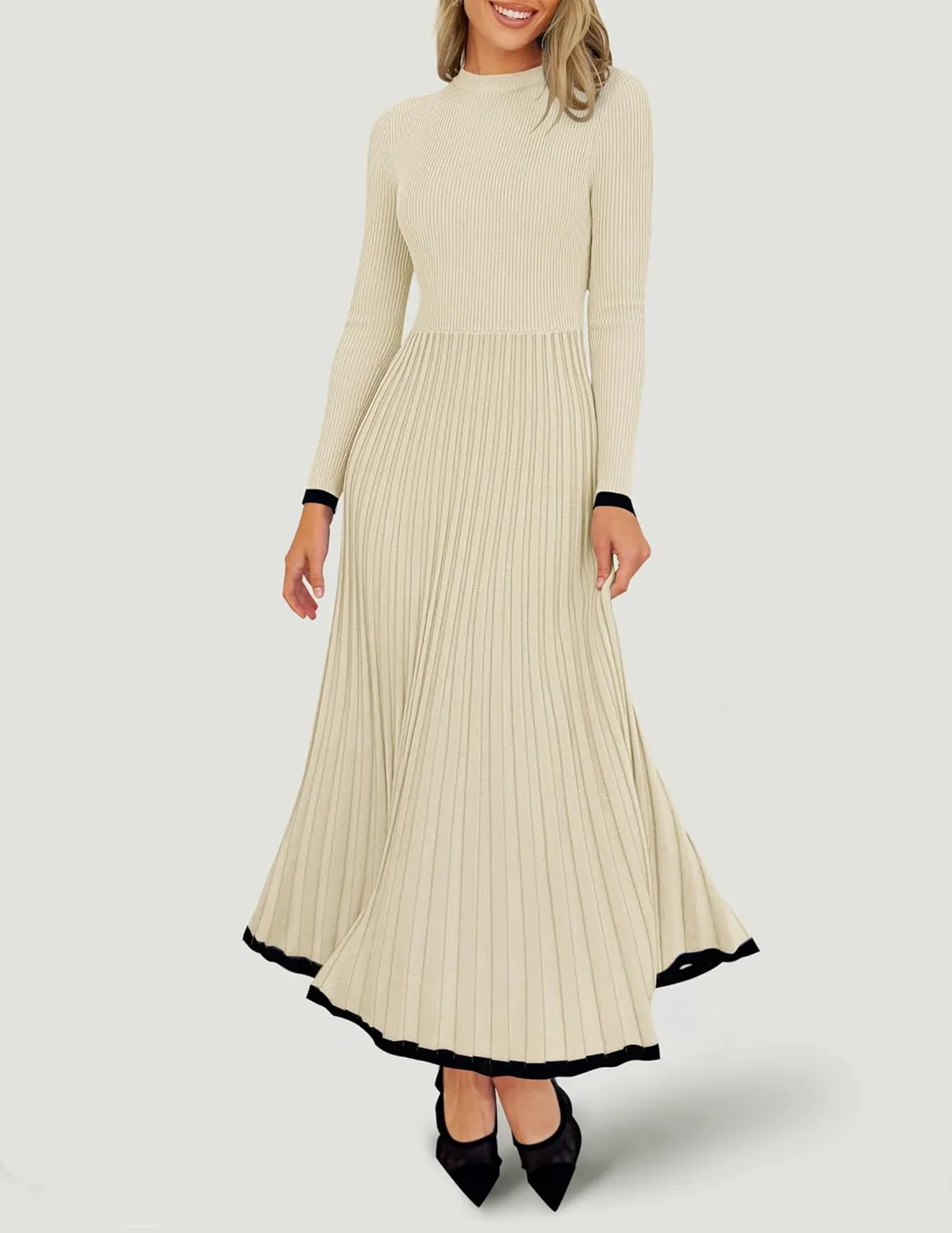 ZESICA Women's Long Sleeve Sweater Dress Fall Crewneck Ribbed Knit Pleated A-Line Maxi Wedding Guest Dresses