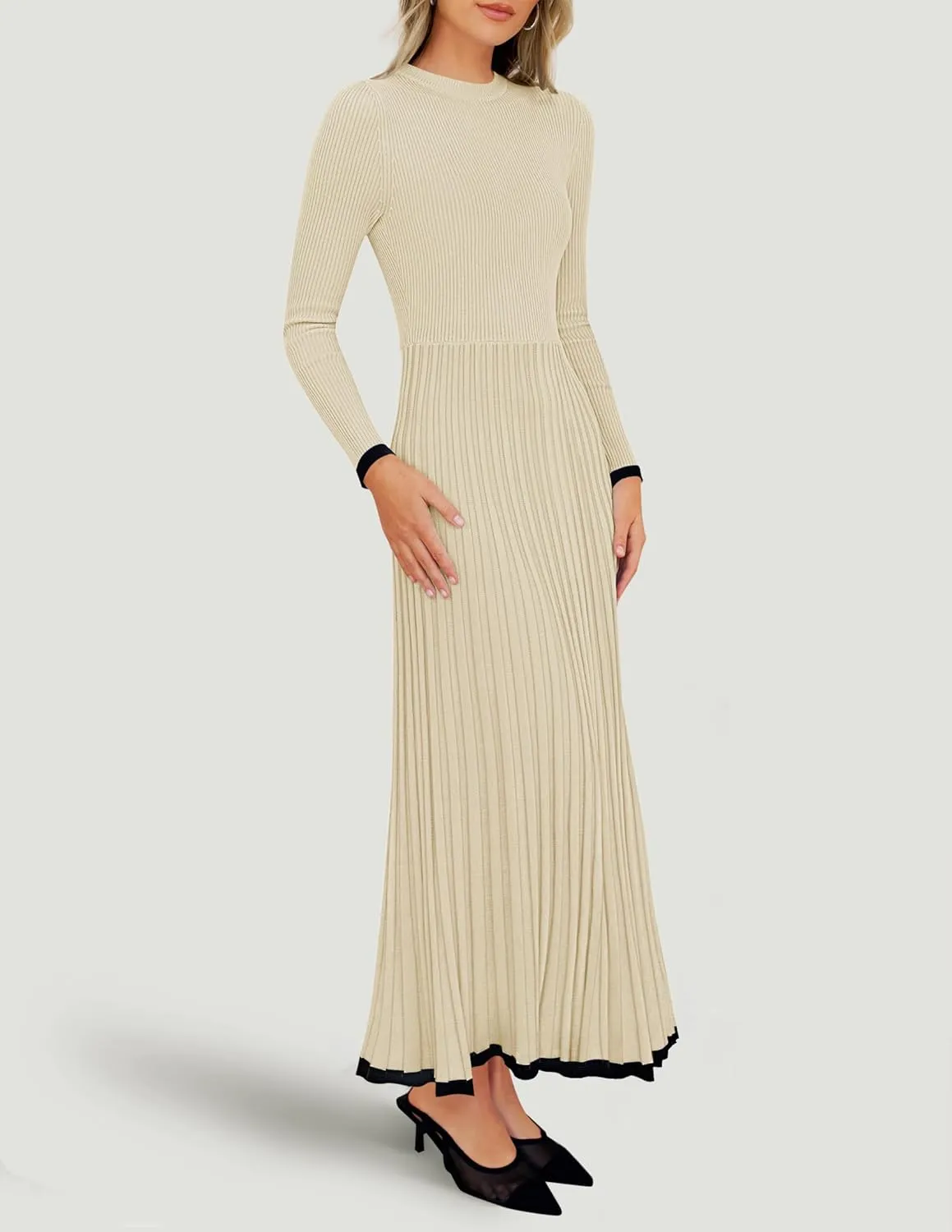 ZESICA Women's Long Sleeve Sweater Dress Fall Crewneck Ribbed Knit Pleated A-Line Maxi Wedding Guest Dresses